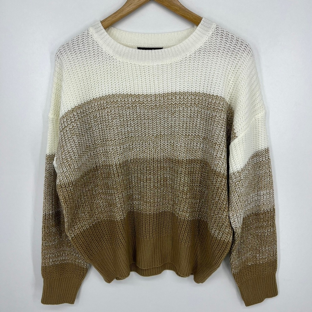 Shein Womens Colorblock Knit Crewneck Sweater White Tan Long Sleeve Small‎